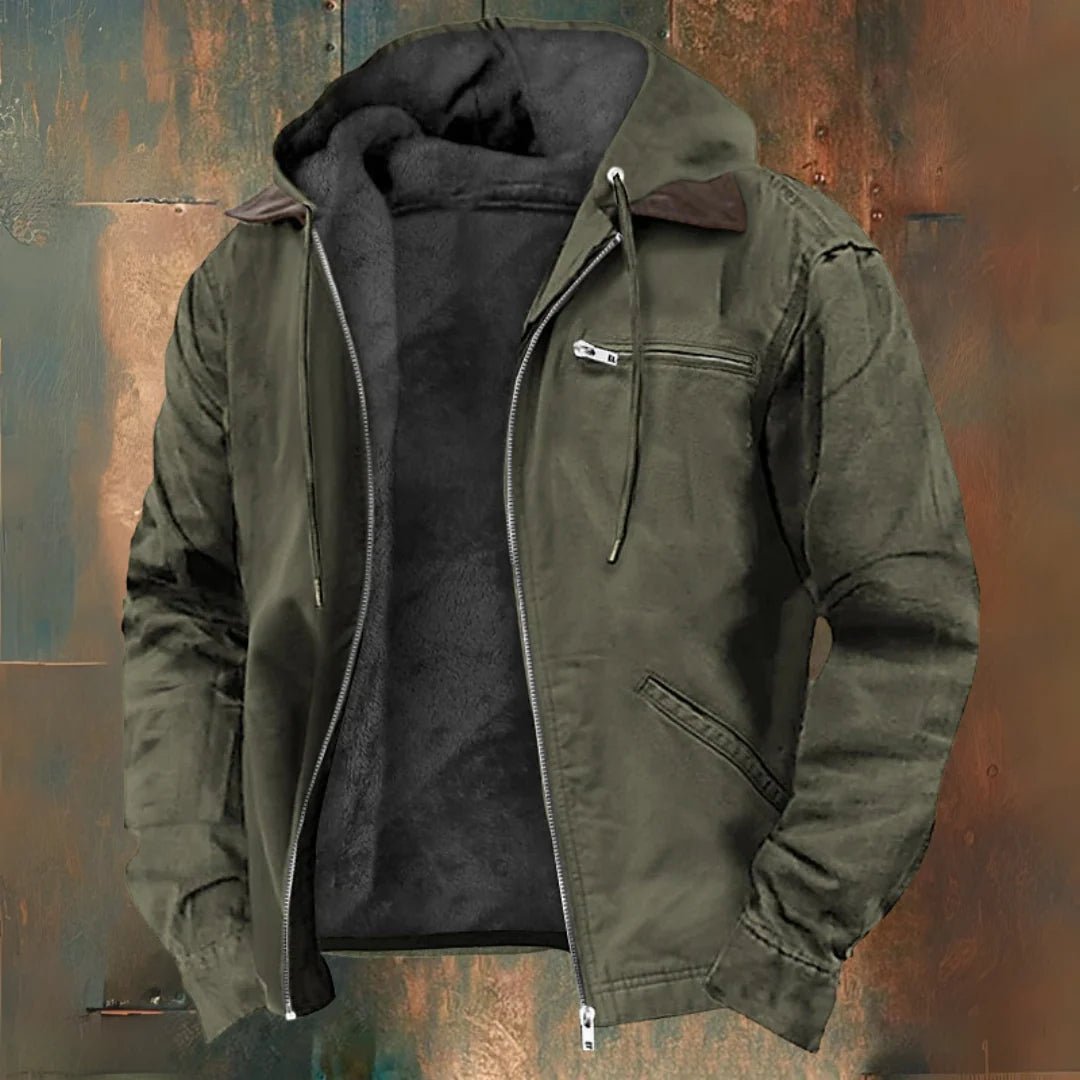 Men's khaki fleece-lined jacket with hood, designed for winter outdoor activities, featuring zip pockets for secure storage. 1