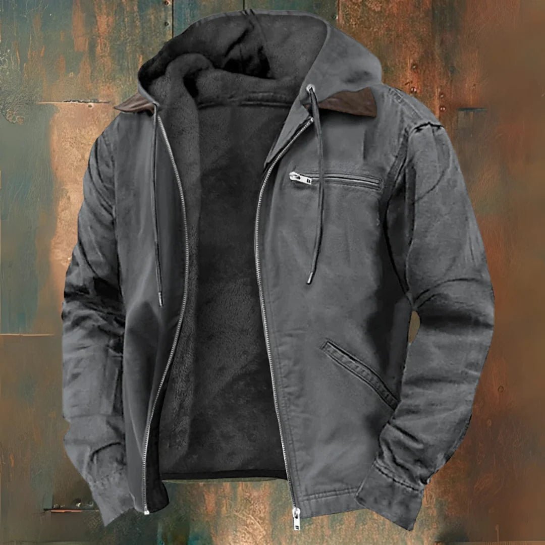 Men's khaki fleece-lined jacket with hood, designed for winter outdoor activities, featuring zip pockets for secure storage. 2
