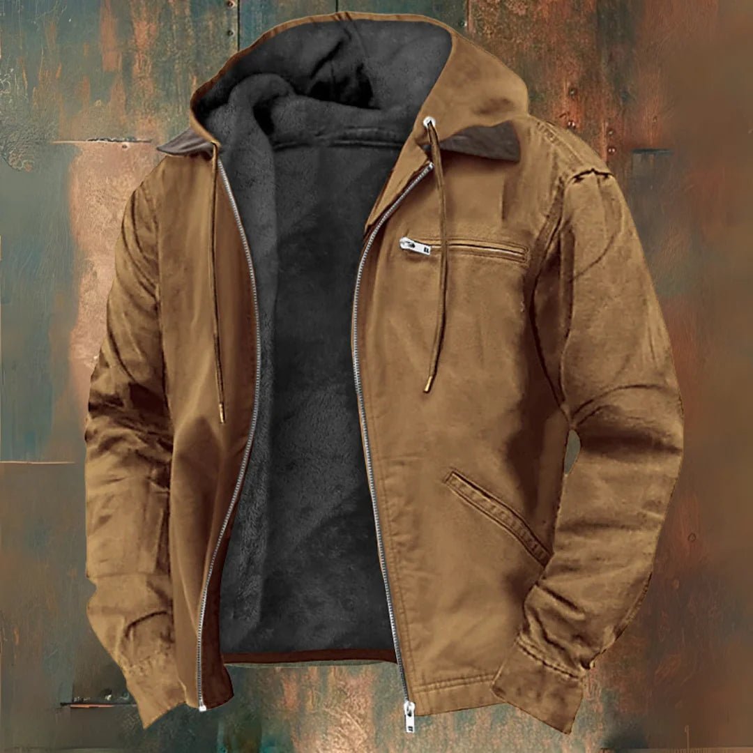 Men's khaki fleece-lined jacket with hood, designed for winter outdoor activities, featuring zip pockets for secure storage. 0
