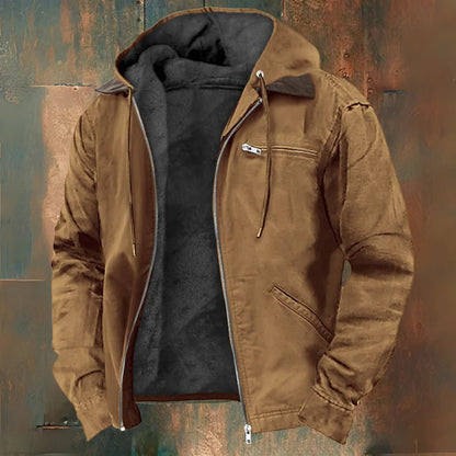 Men's khaki fleece-lined jacket with hood, designed for winter outdoor activities, featuring zip pockets for secure storage. 0