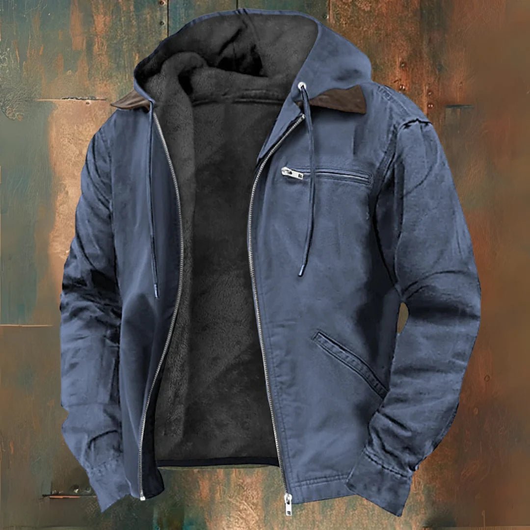 Men's khaki fleece-lined jacket with hood, designed for winter outdoor activities, featuring zip pockets for secure storage. 3