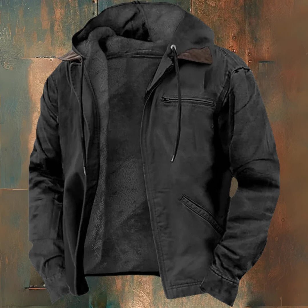 Men's khaki fleece-lined jacket with hood, designed for winter outdoor activities, featuring zip pockets for secure storage. 4