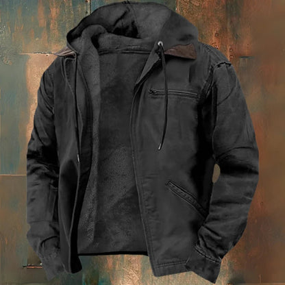 Men's khaki fleece-lined jacket with hood, designed for winter outdoor activities, featuring zip pockets for secure storage. 4