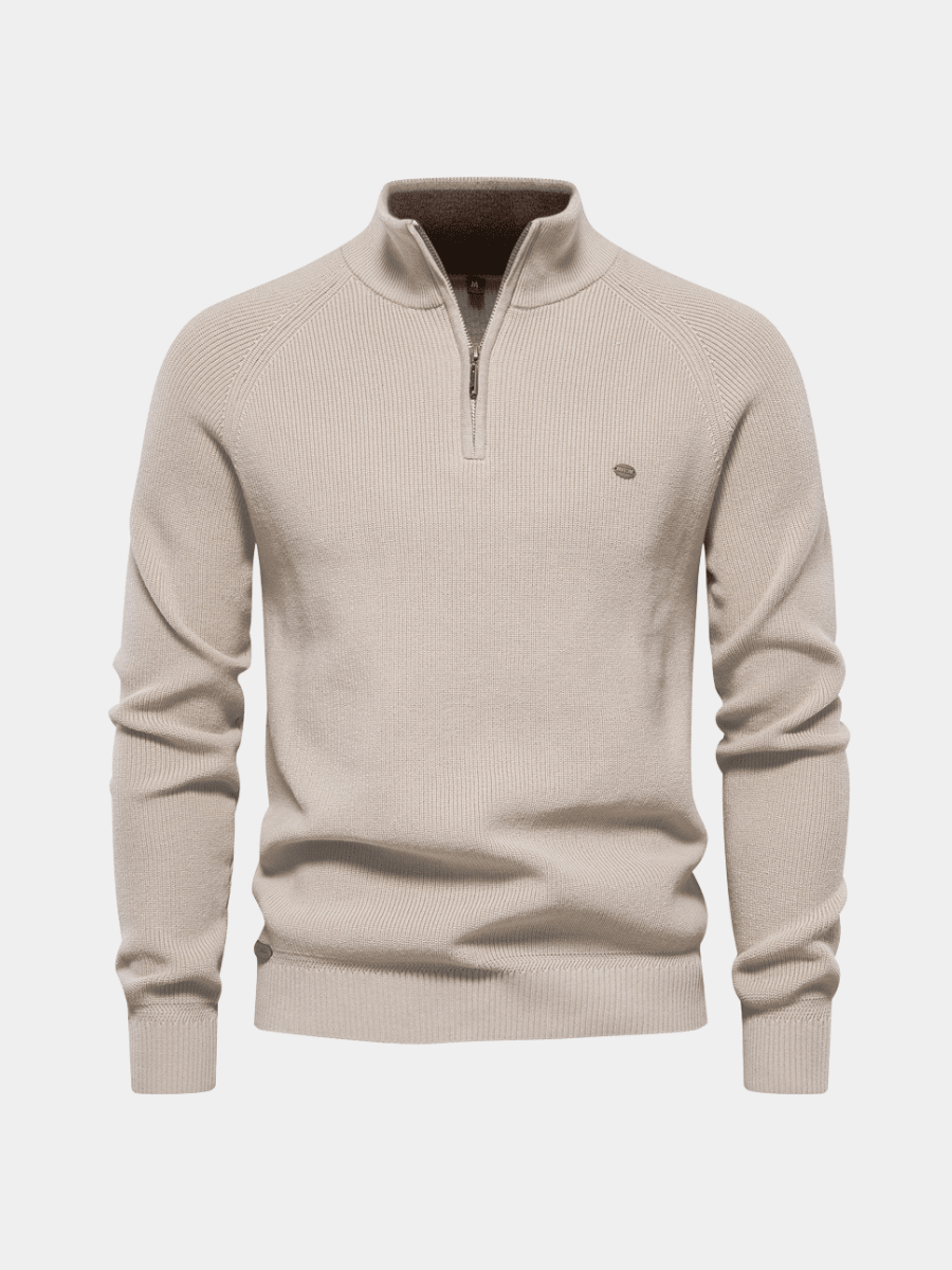 Men's half zip sweater featuring a silky soft finish, designed for breathability in autumn, available in multiple colors. 1