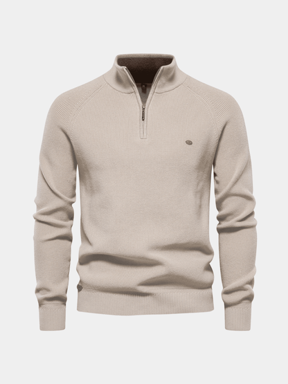 Men's half zip sweater featuring a silky soft finish, designed for breathability in autumn, available in multiple colors. 1