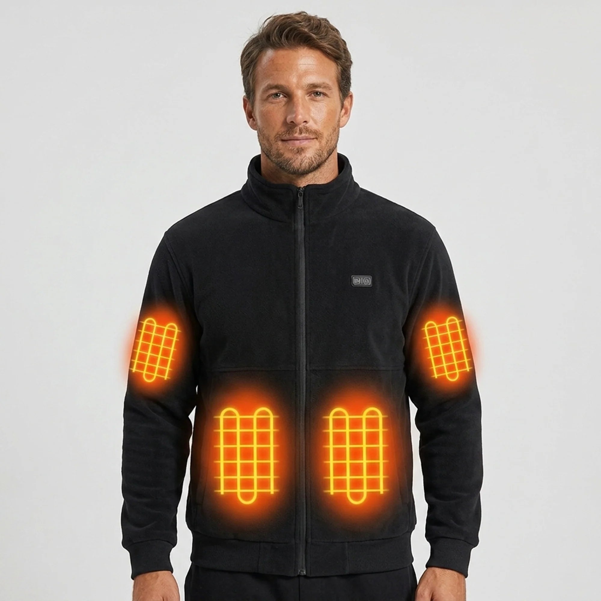 Men's heated fleece jacket with stand collar and full zip, designed for warmth and comfort in cold weather, ideal winter outerwear for outdoor activities. 0