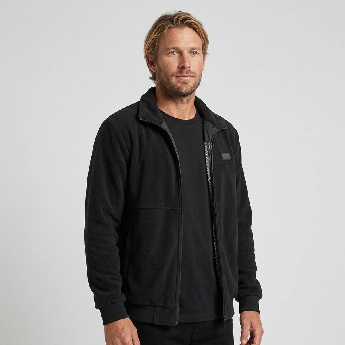 Men's heated fleece jacket with stand collar and full zip, designed for warmth and comfort in cold weather, ideal winter outerwear for outdoor activities. 1