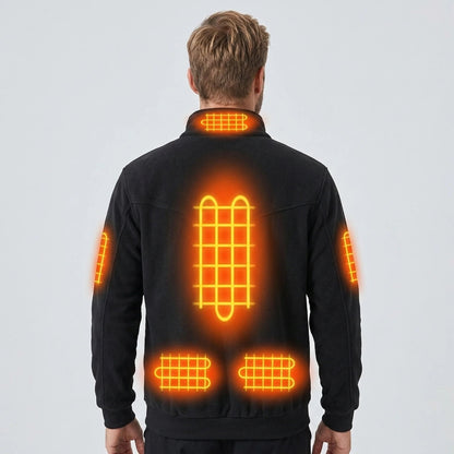 Men's heated fleece jacket with stand collar and full zip, designed for warmth and comfort in cold weather, ideal winter outerwear for outdoor activities. 2