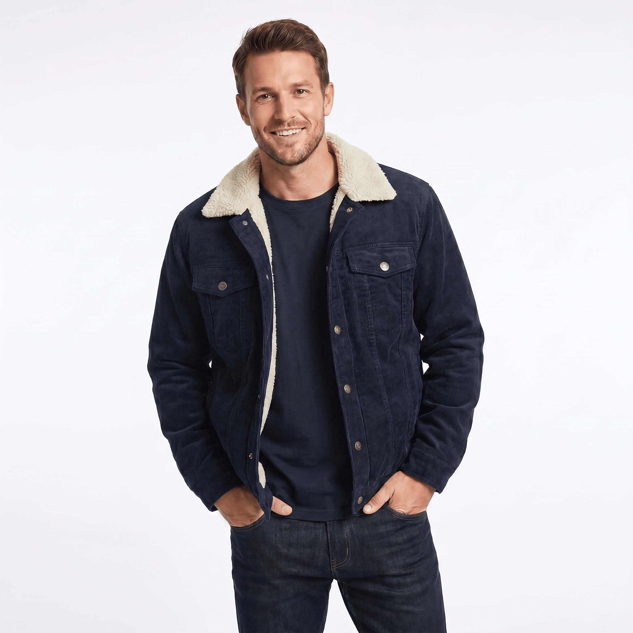 Men's corduroy winter jacket featuring a soft sherpa lining and relaxed fit, perfect for casual layering in cold weather. 0