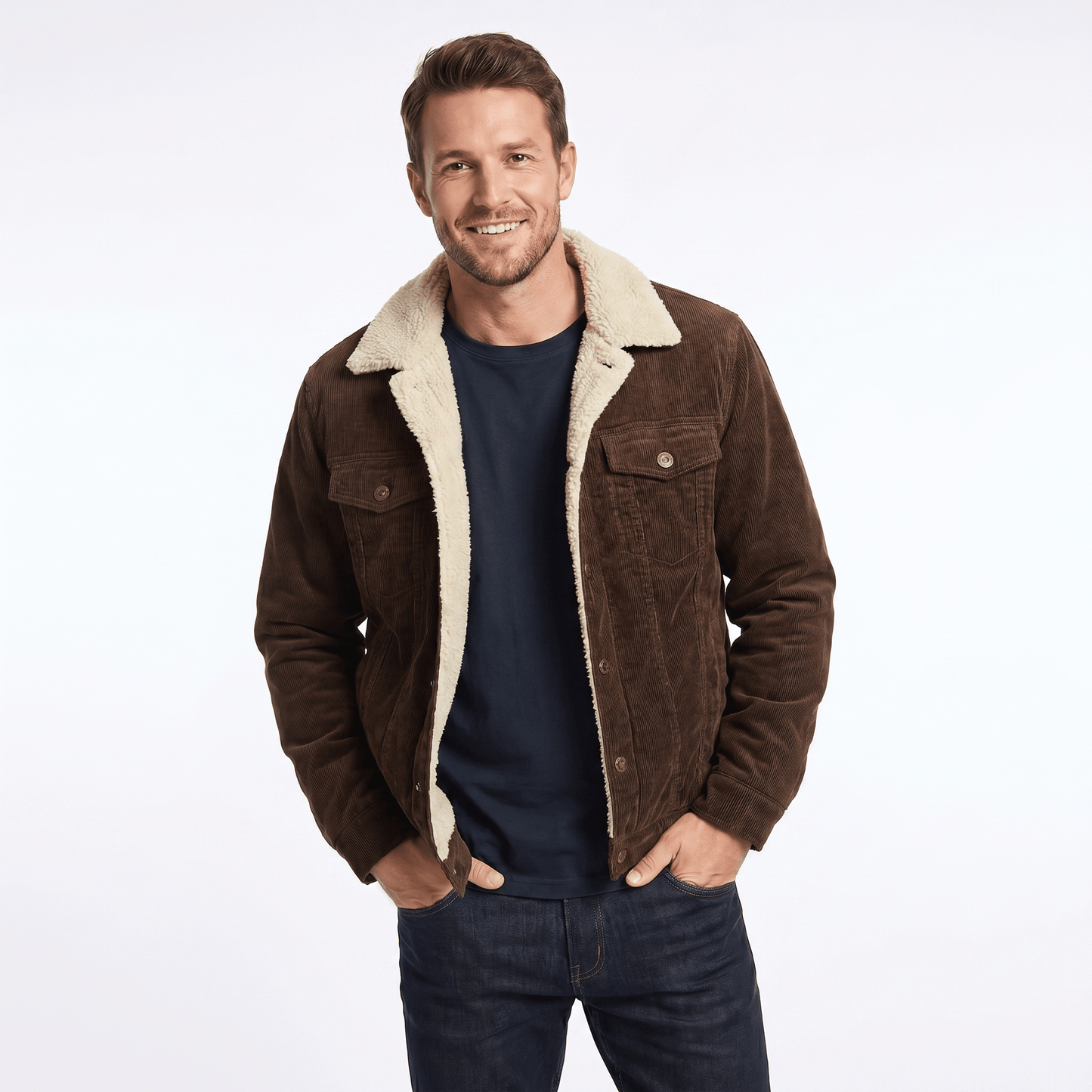 Men's corduroy winter jacket featuring a soft sherpa lining and relaxed fit, perfect for casual layering in cold weather. 4