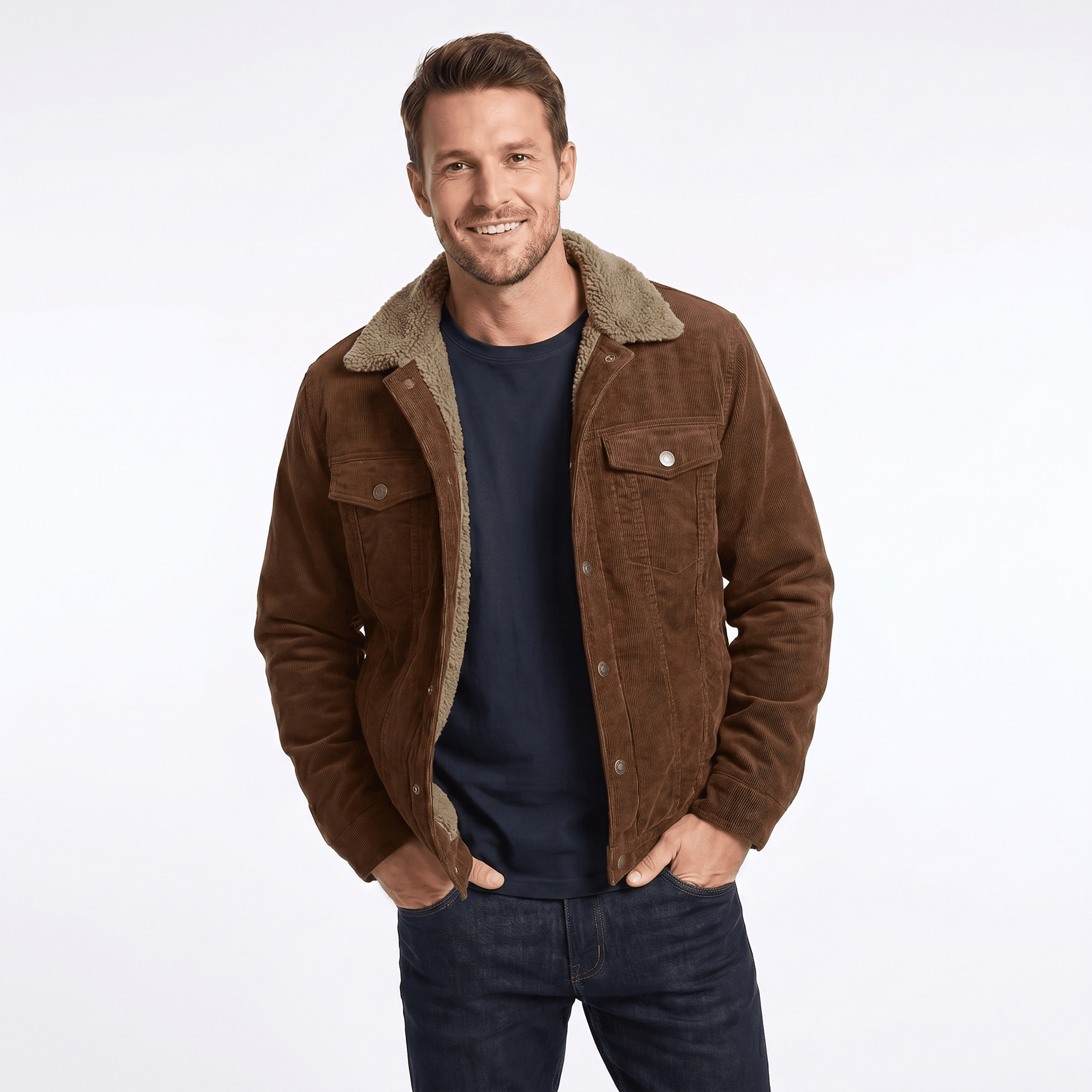 Men's corduroy winter jacket featuring a soft sherpa lining and relaxed fit, perfect for casual layering in cold weather. 3