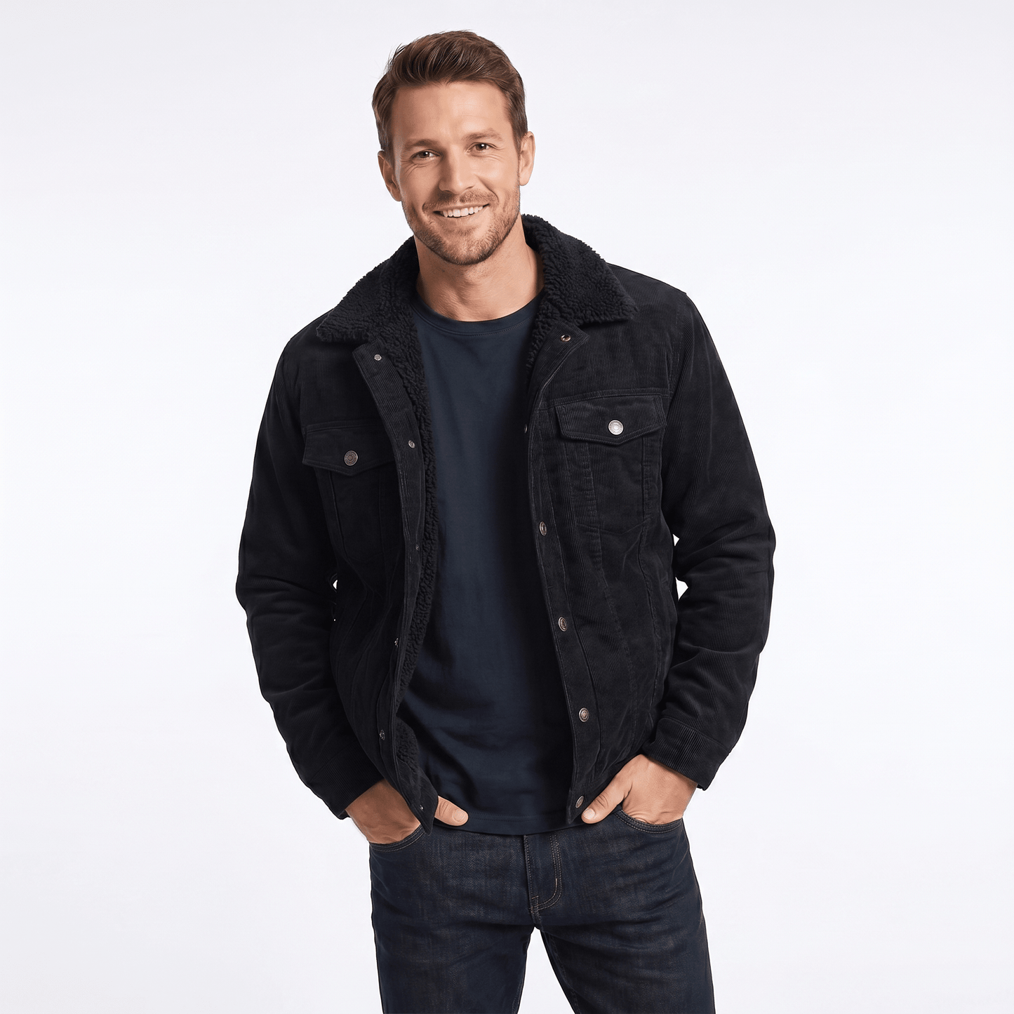 Men's corduroy winter jacket featuring a soft sherpa lining and relaxed fit, perfect for casual layering in cold weather. 1