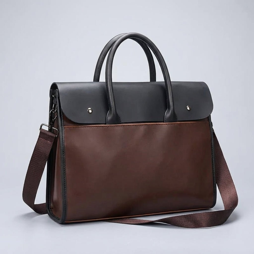 Men's laptop bag featuring a durable PU leather retro design, equipped with an adjustable strap, designed to fit 14-inch laptops. 0