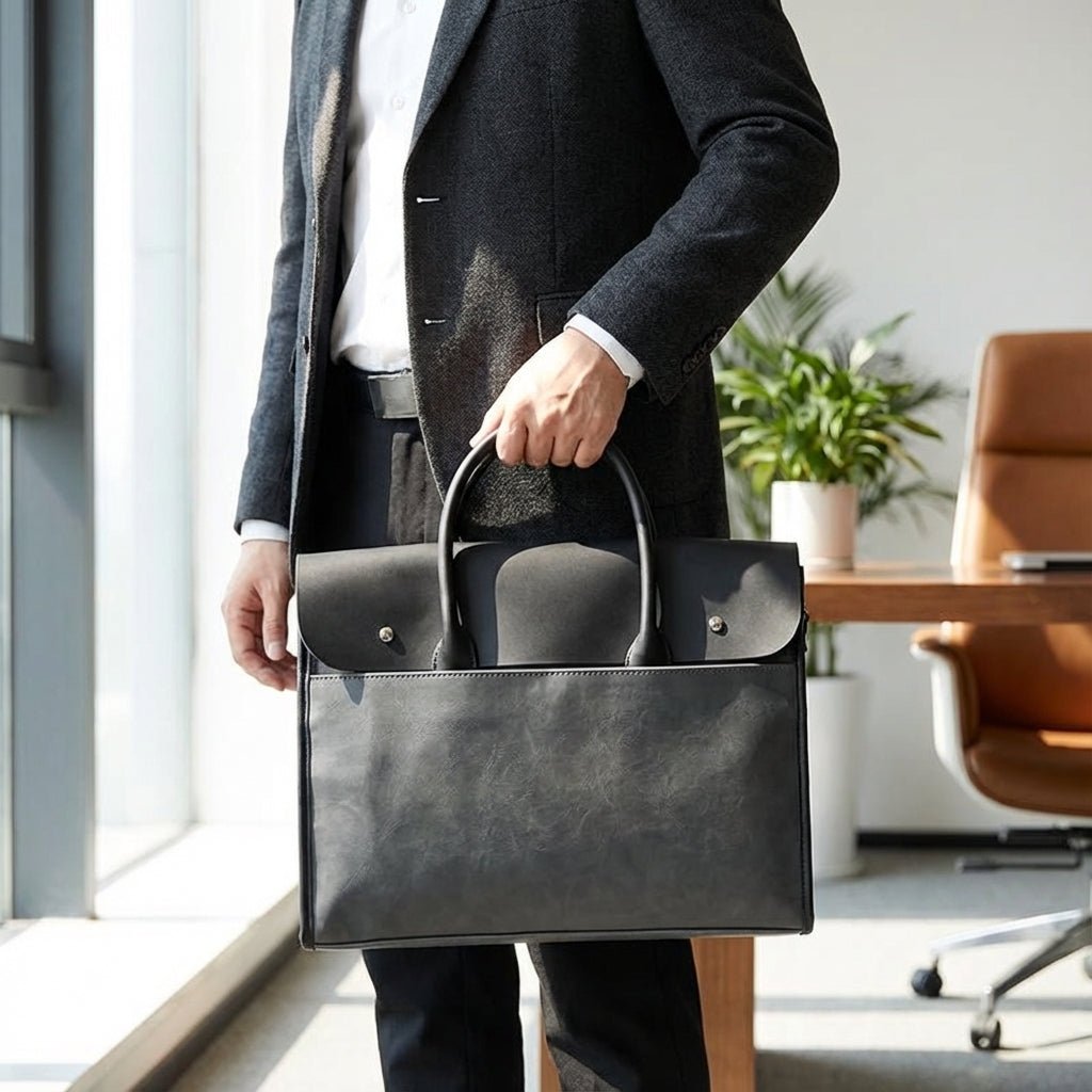 Men's laptop bag featuring a durable PU leather retro design, equipped with an adjustable strap, designed to fit 14-inch laptops. 1
