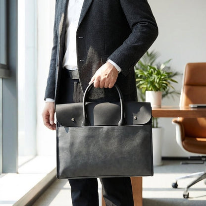 Men's laptop bag featuring a durable PU leather retro design, equipped with an adjustable strap, designed to fit 14-inch laptops. 1