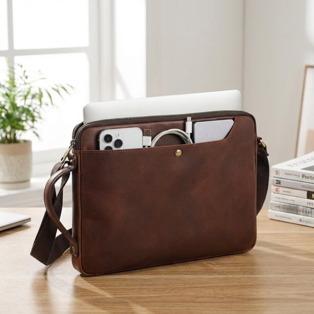 Men's genuine brown leather laptop bag featuring a padded compartment for MacBook and laptop protection, designed for style and functionality. 1