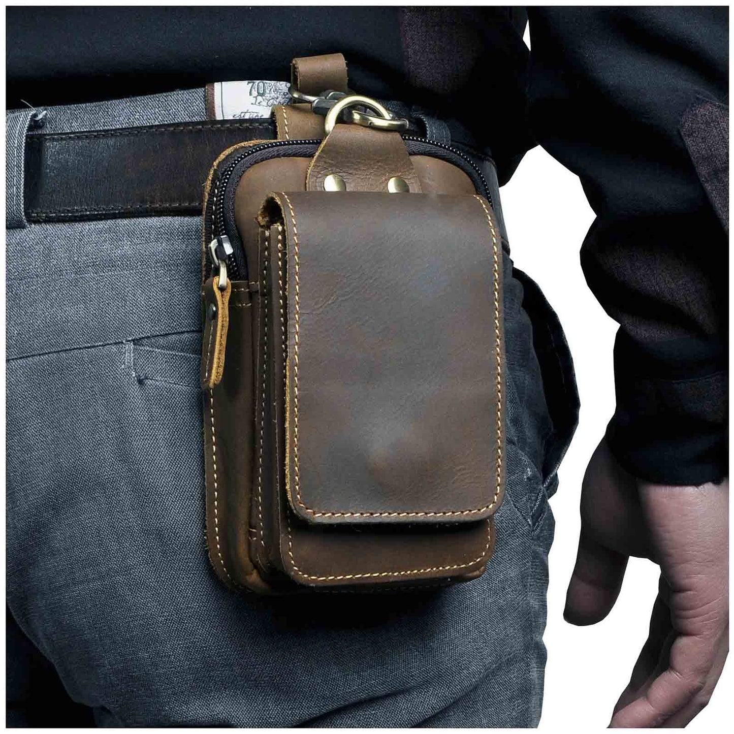 Men's leather waist bag featuring multiple compartments, designed for durability and everyday use, perfect for keeping essentials organized and accessible. 1