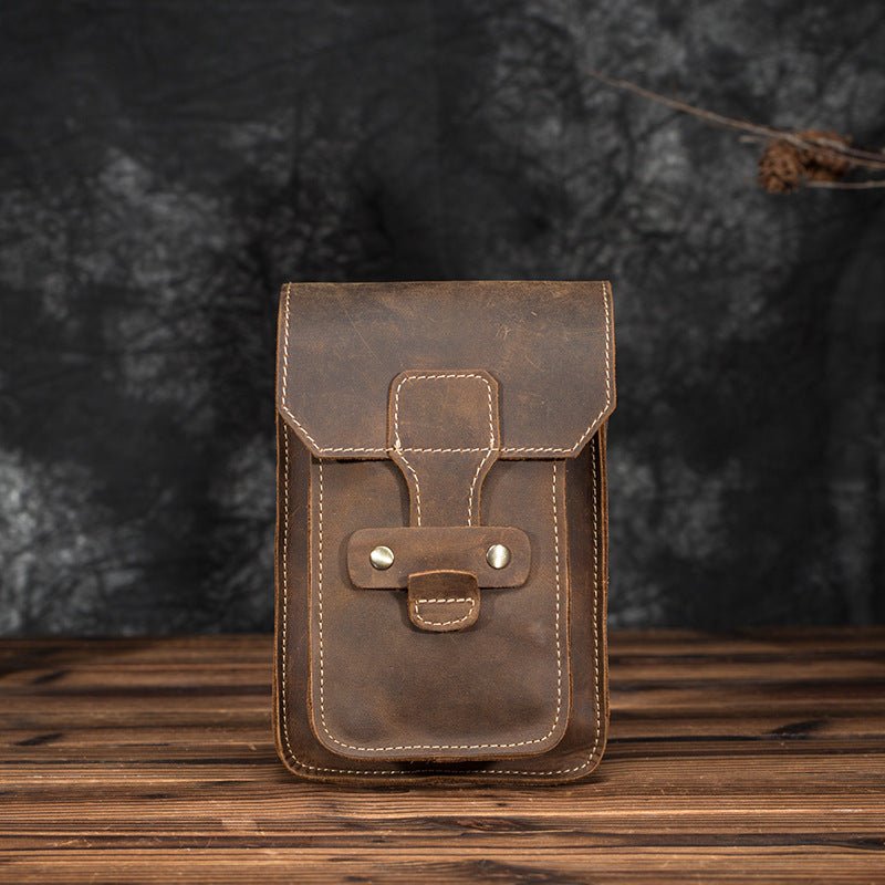 Men's leather waist bag featuring multiple compartments, designed for durability and everyday use, perfect for keeping essentials organized and accessible. 11