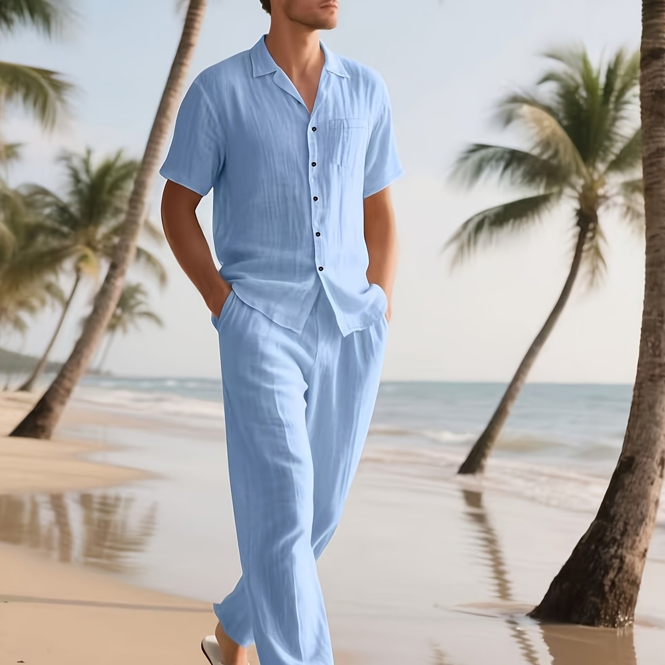 Men's linen blend outfit featuring a short sleeve shirt and loose long pants, perfect for breathable summer casual wear. 9