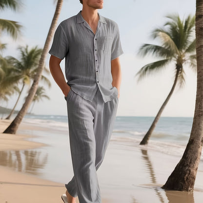 Men's linen blend outfit featuring a short sleeve shirt and loose long pants, perfect for breathable summer casual wear. 13