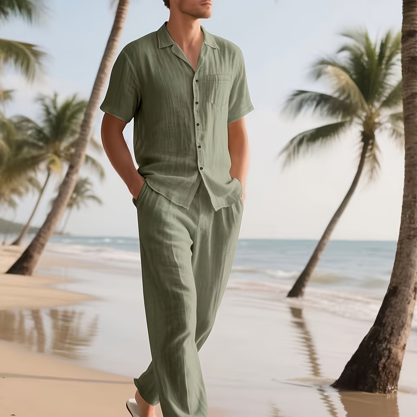 Men's linen blend outfit featuring a short sleeve shirt and loose long pants, perfect for breathable summer casual wear. 12