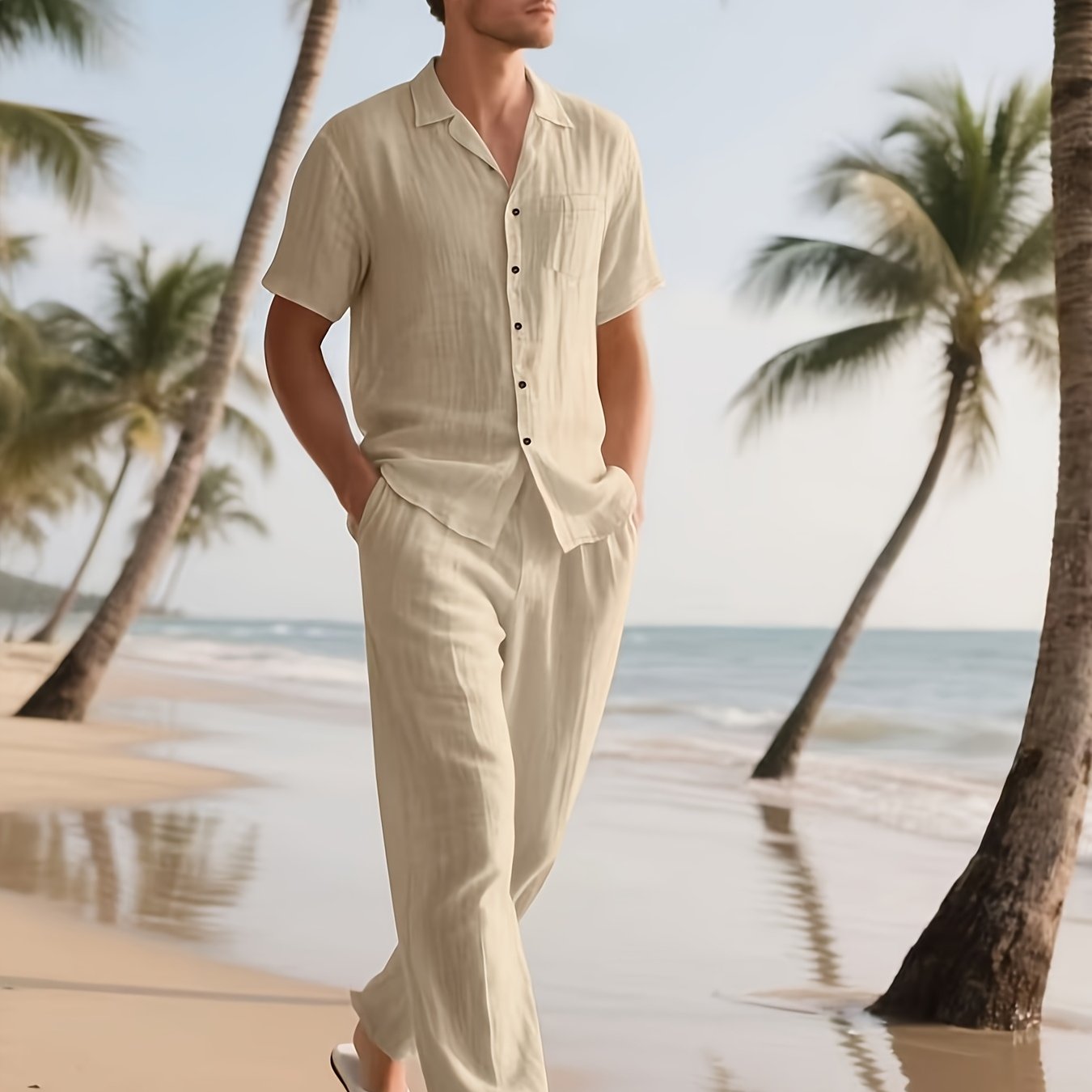 Men's linen blend outfit featuring a short sleeve shirt and loose long pants, perfect for breathable summer casual wear. 10