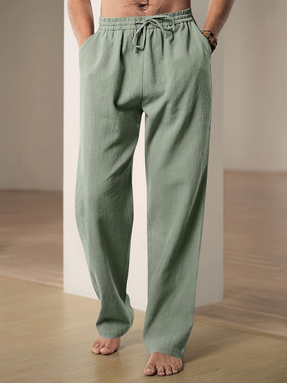 Men's linen pants featuring an elastic waist and loose fit, designed for breathability and all-day comfort, perfect for casual wear. 3