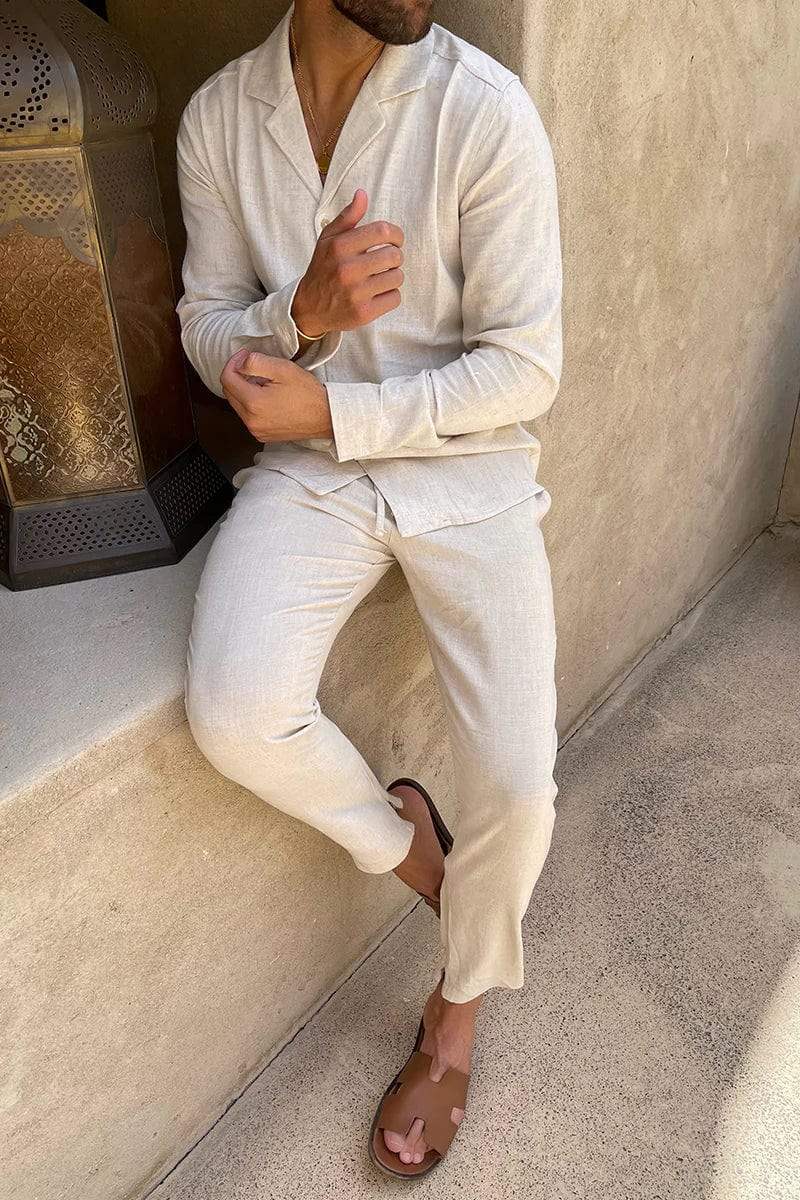 Men's linen set in cream color, perfect for casual and formal occasions, showcasing a comfortable design; machine washable for easy care. 1