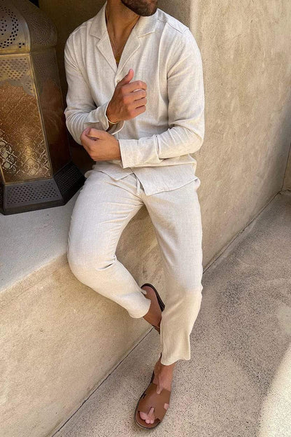 Men's linen set in cream color, perfect for casual and formal occasions, showcasing a comfortable design; machine washable for easy care. 1
