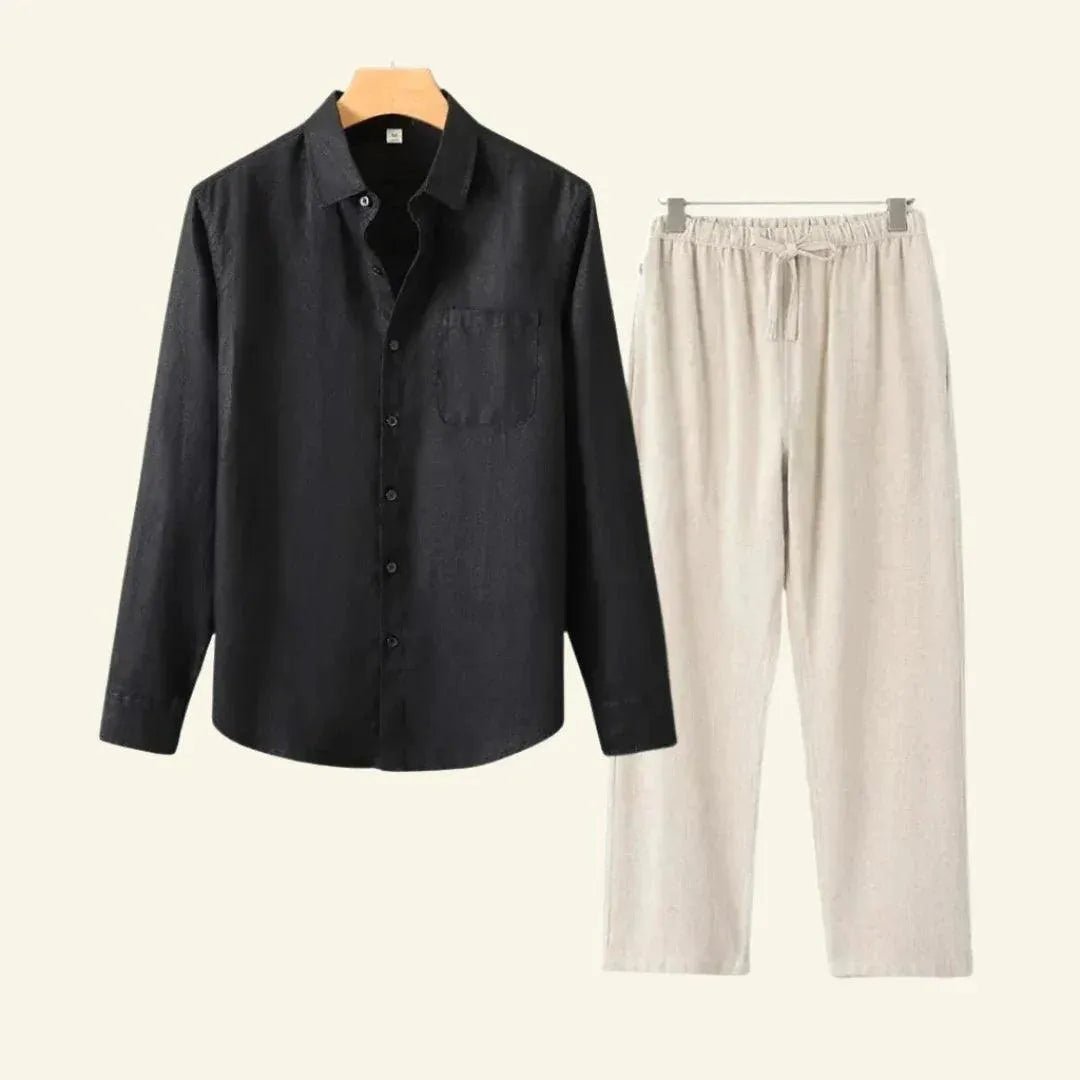Men's Linen Set featuring durable thick fabric, includes pants and blouse, designed for all seasons with a relaxed fit, available in size 3XL. 3