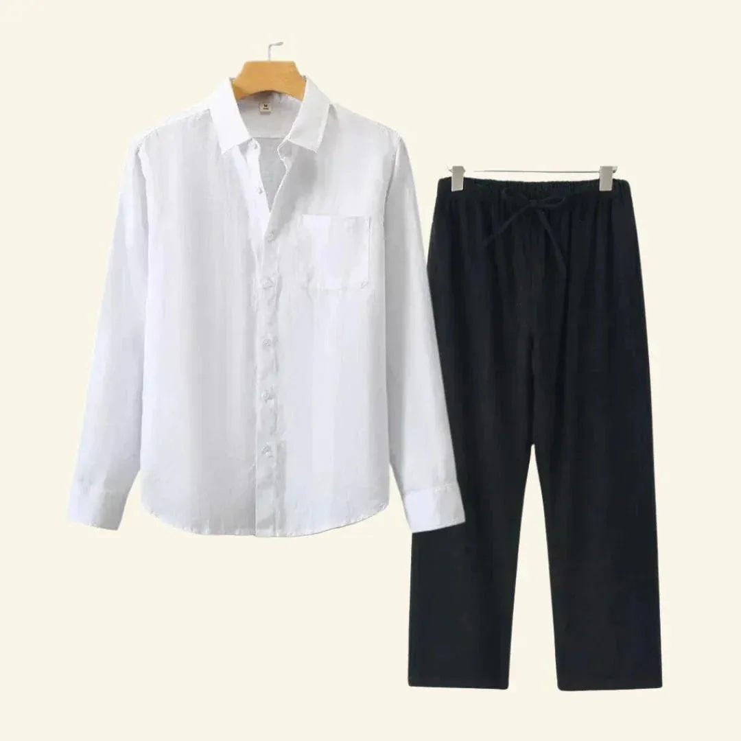 Men's Linen Set featuring durable thick fabric, includes pants and blouse, designed for all seasons with a relaxed fit, available in size 3XL. 9