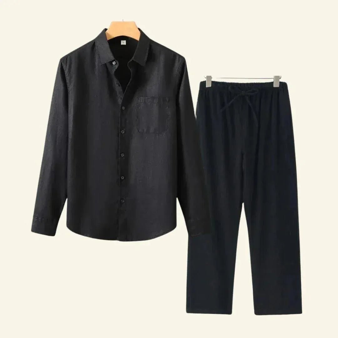 Men's Linen Set featuring durable thick fabric, includes pants and blouse, designed for all seasons with a relaxed fit, available in size 3XL. 2