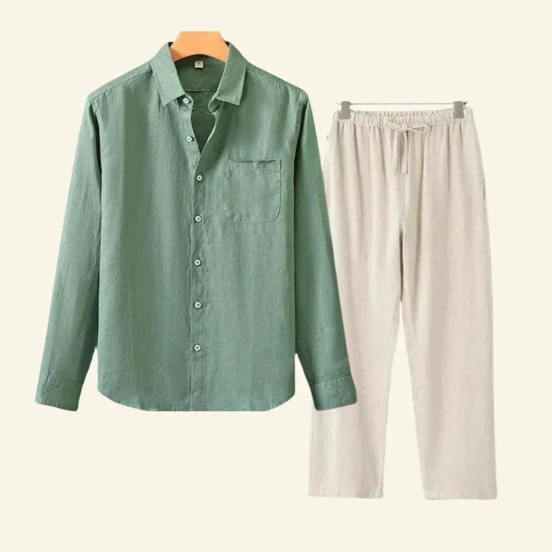 Men's Linen Set featuring durable thick fabric, includes pants and blouse, designed for all seasons with a relaxed fit, available in size 3XL. 1