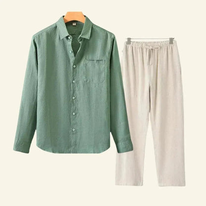 Men's Linen Set featuring durable thick fabric, includes pants and blouse, designed for all seasons with a relaxed fit, available in size 3XL. 1