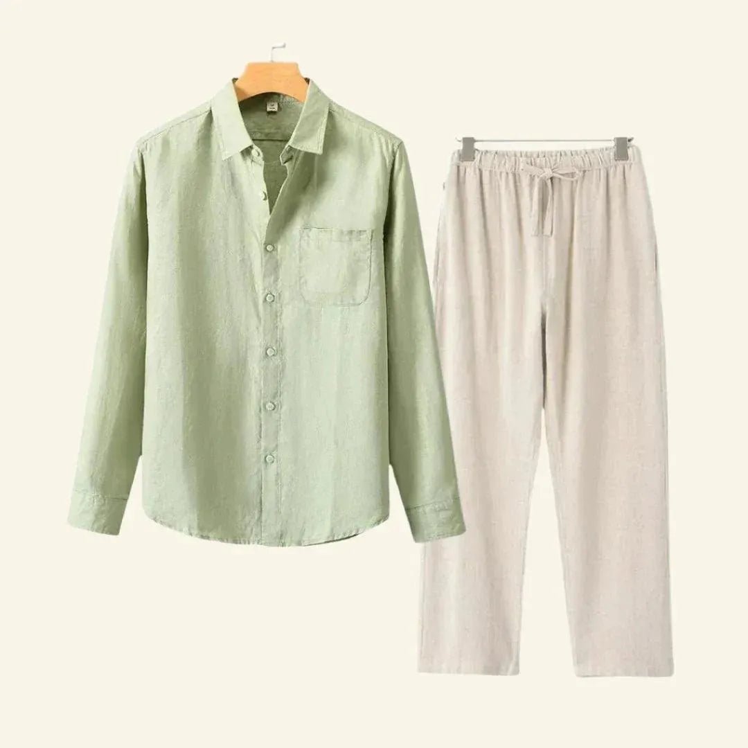 Men's Linen Set featuring durable thick fabric, includes pants and blouse, designed for all seasons with a relaxed fit, available in size 3XL. 6