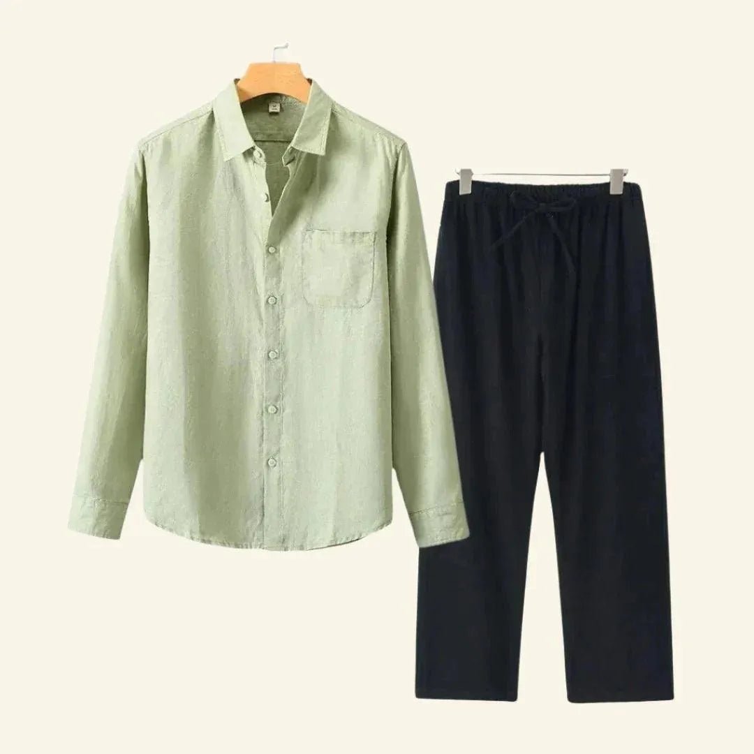 Men's Linen Set featuring durable thick fabric, includes pants and blouse, designed for all seasons with a relaxed fit, available in size 3XL. 5