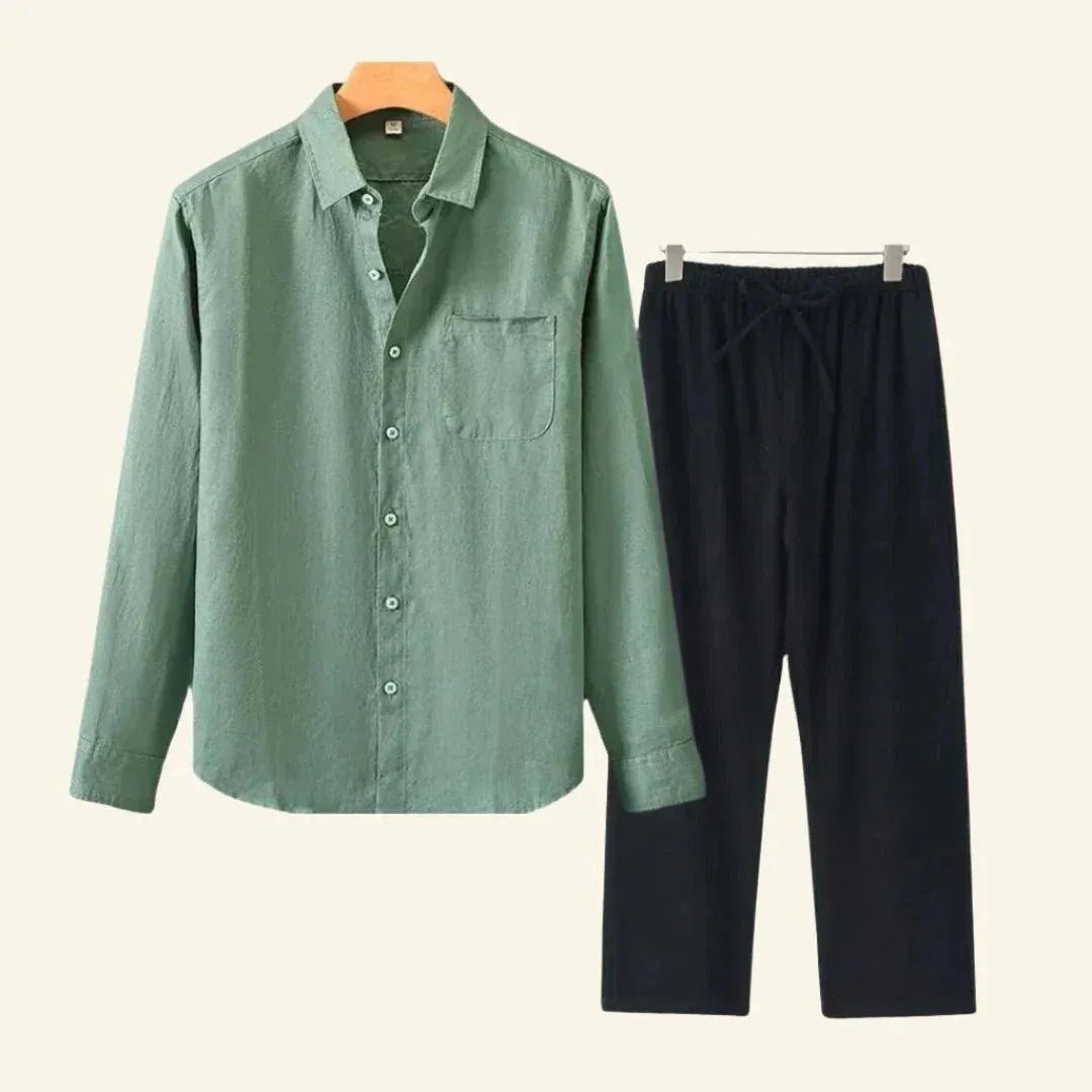 Men's Linen Set featuring durable thick fabric, includes pants and blouse, designed for all seasons with a relaxed fit, available in size 3XL. 4