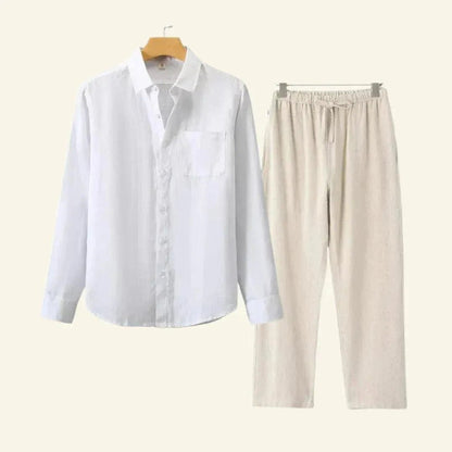 Men's Linen Set featuring durable thick fabric, includes pants and blouse, designed for all seasons with a relaxed fit, available in size 3XL. 10