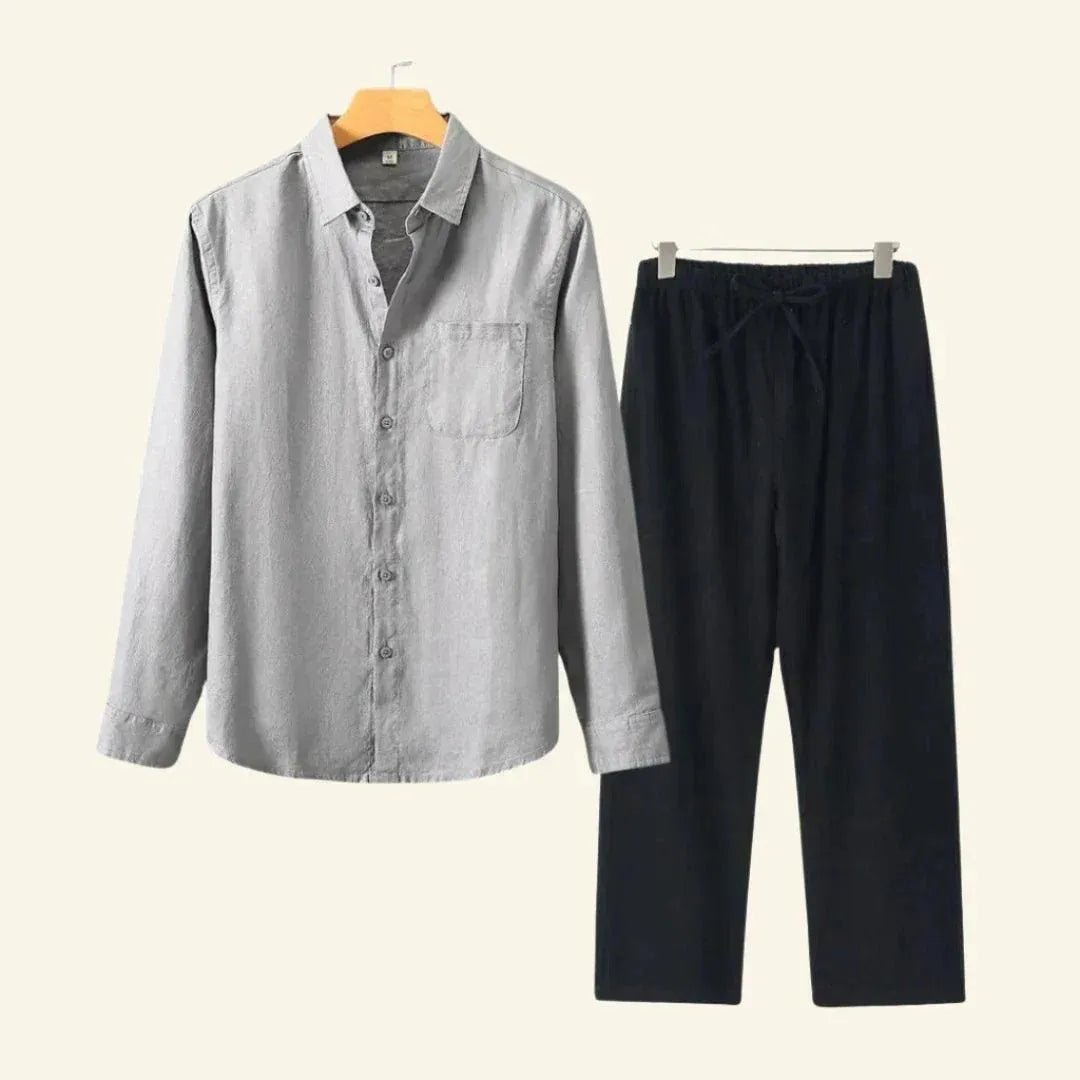 Men's Linen Set featuring durable thick fabric, includes pants and blouse, designed for all seasons with a relaxed fit, available in size 3XL. 7