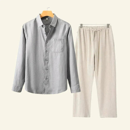 Men's Linen Set featuring durable thick fabric, includes pants and blouse, designed for all seasons with a relaxed fit, available in size 3XL. 8