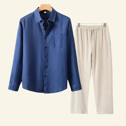 Men's Linen Set featuring durable thick fabric, includes pants and blouse, designed for all seasons with a relaxed fit, available in size 3XL. 0