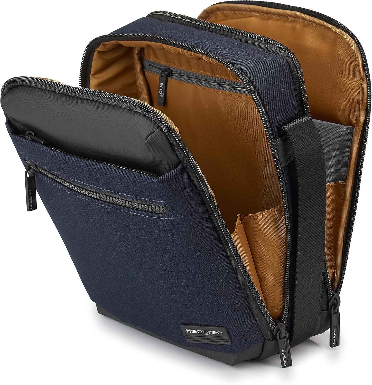 Mens messenger bag featuring RFID protection and water-resistant material, designed as a compact crossbody with multiple organizer pockets for convenience and style. 4