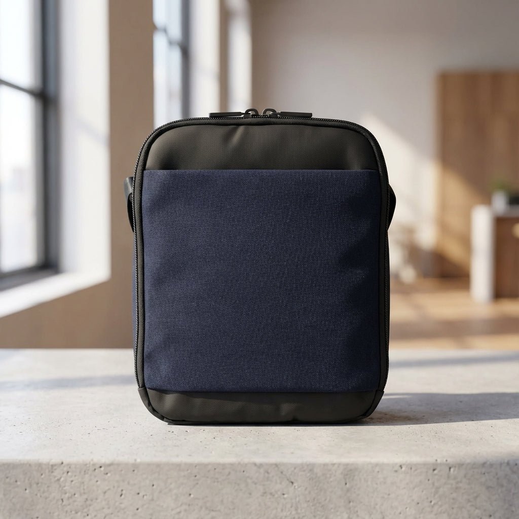 Mens messenger bag featuring RFID protection and water-resistant material, designed as a compact crossbody with multiple organizer pockets for convenience and style. 1