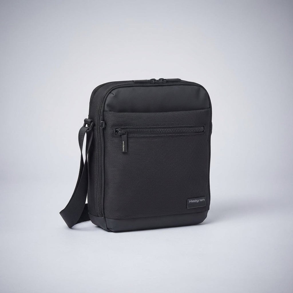 Mens messenger bag featuring RFID protection and water-resistant material, designed as a compact crossbody with multiple organizer pockets for convenience and style. 0