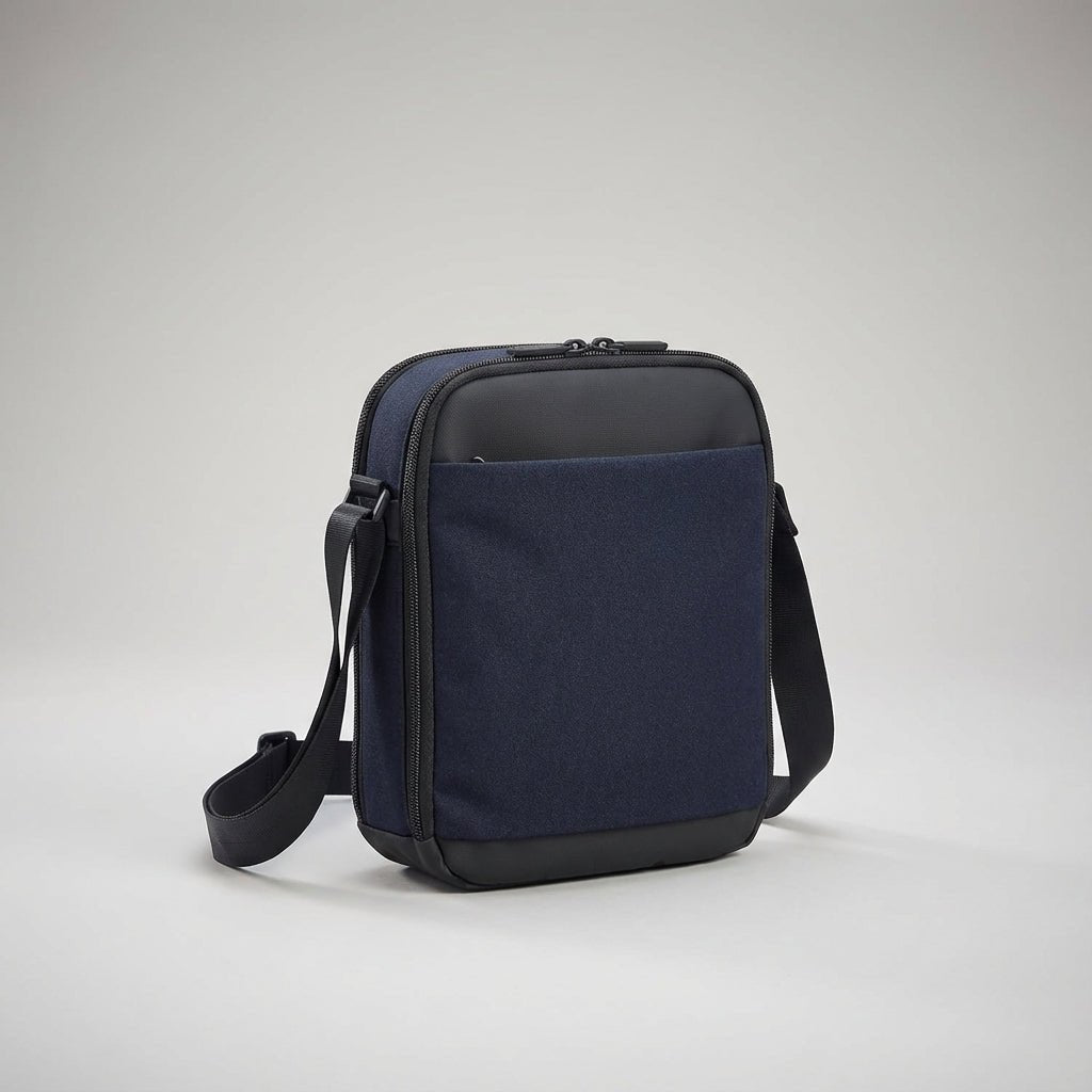 Mens messenger bag featuring RFID protection and water-resistant material, designed as a compact crossbody with multiple organizer pockets for convenience and style. 2