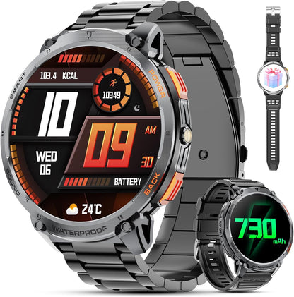 Men's Military Smartwatch featuring a 1.85-inch HD display, waterproof design, and built-in flashlight, ideal for fitness tracking and outdoor activities 1