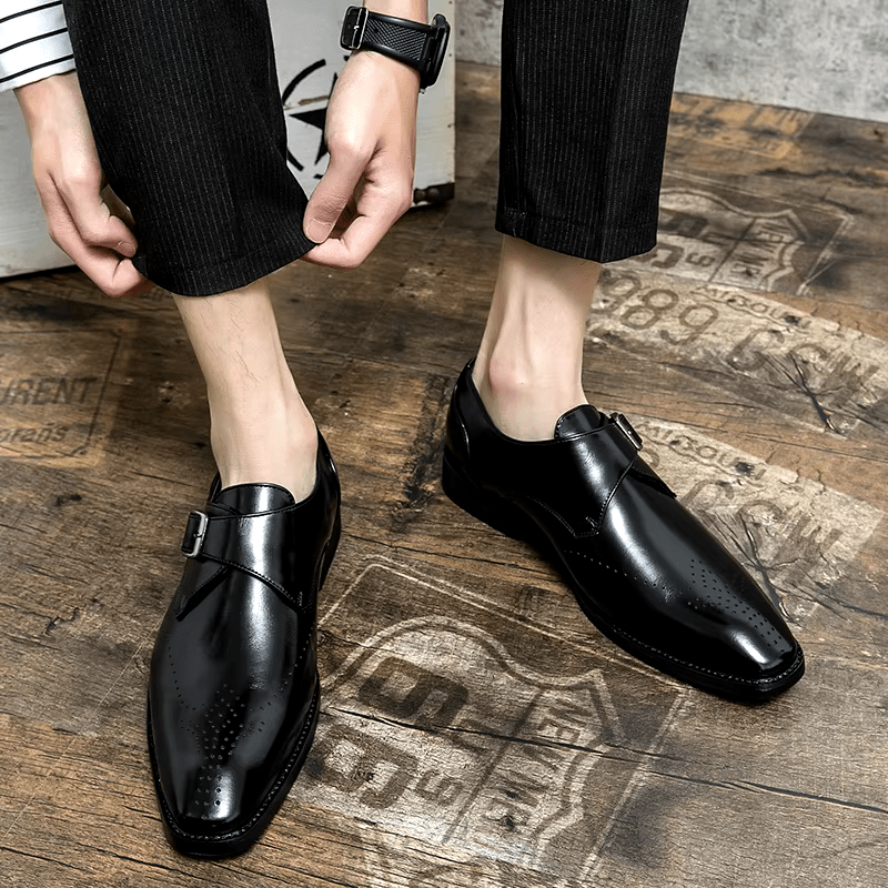 Men's Monk Strap Dress Shoes featuring a polished finish, cushioned insoles for comfort, and stylish perforated toe design, ideal for formal occasions. 5