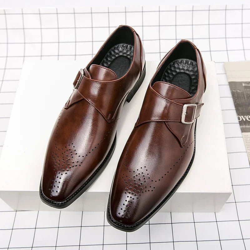 Men's Monk Strap Dress Shoes featuring a polished finish, cushioned insoles for comfort, and stylish perforated toe design, ideal for formal occasions. 6