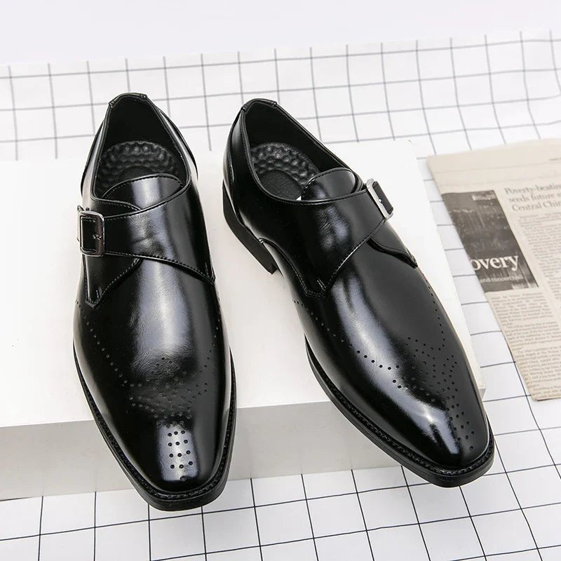 Men's Monk Strap Dress Shoes featuring a polished finish, cushioned insoles for comfort, and stylish perforated toe design, ideal for formal occasions. 3