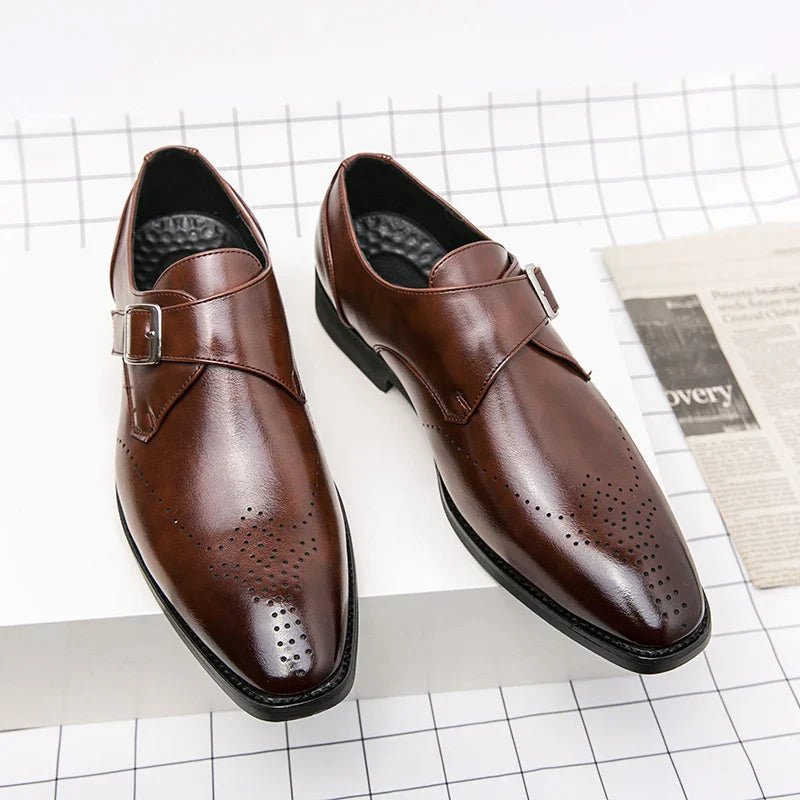 Men's Monk Strap Dress Shoes featuring a polished finish, cushioned insoles for comfort, and stylish perforated toe design, ideal for formal occasions. 7